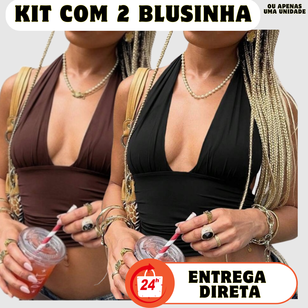 KIT COM 2 TOP DE AMARRAR NO PESCOÇO BLUSINHA FEMININA COM DETALHE FRANZIDO FRENTE ÚNICA DIVERSOS JEI