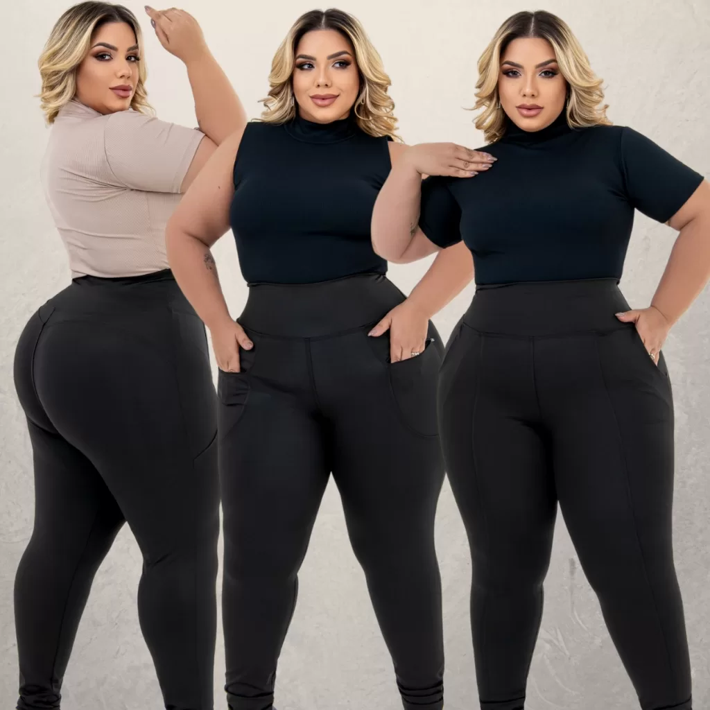 Kit 3 Calça Legging Plus Size Modeladora Bolso Ziper + Bolso Faca + Empina Bumbum GG ao G4