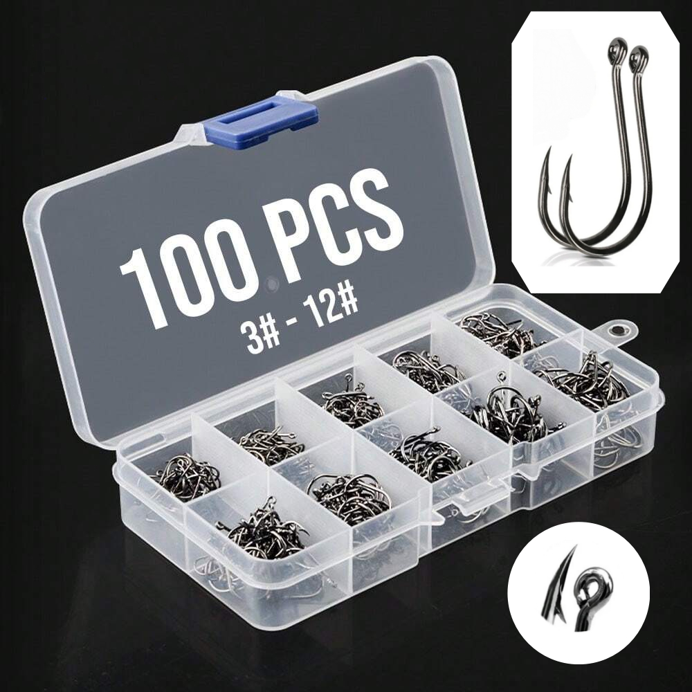 Kit Pesca 100 Anzóis nos Tamanhos 3 ao 12 com Estojo de Armazenamento