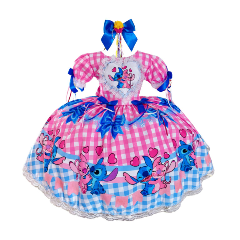 Vestido Junino Infantil Lilo Stitch e Angel Xadrez