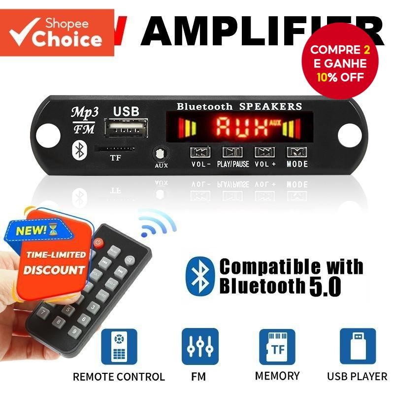 Amplificador 120W Bluetooth 5.0 Placa Reprodutor De Áudio 12V DIY MP3 Player Carro Módulo Rádio FM T
