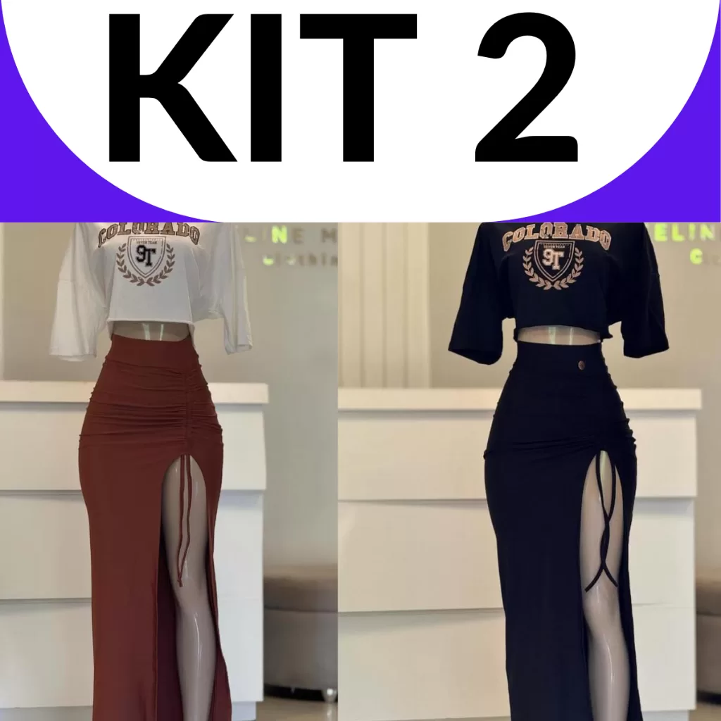 Kit 2 Saia Longa  Fenda Abertura Lateral Feminina Modinha ana ruga Moda Gringa Justa Colada  Longuet