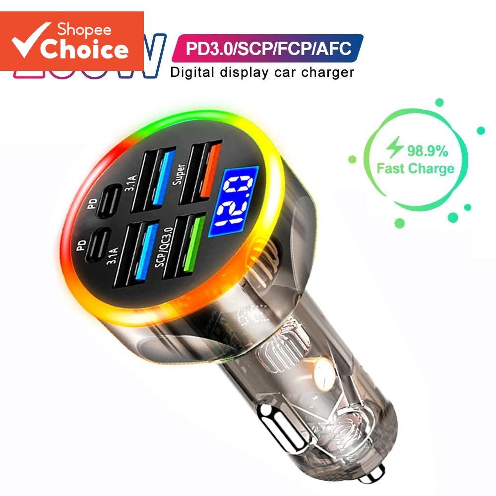 Carregador De Carro 97W Cor Atmosfera Luz Caixa Transparente 4 USB 2 PD 12-24V Carregamento Rápido