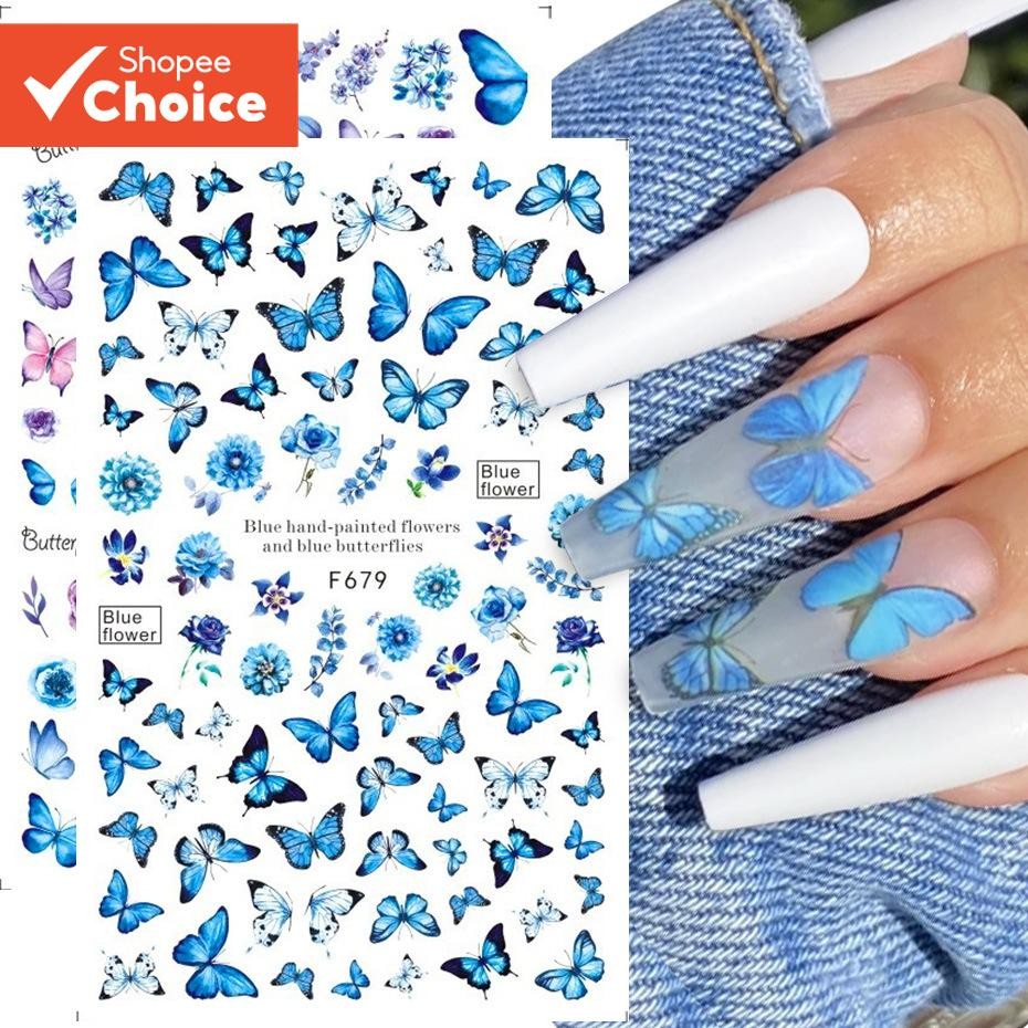 Autocolante Arte De Unhas Vintage Rosa Escura Azul Borboleta Decalque 3D Adesivo Flores Desenho De