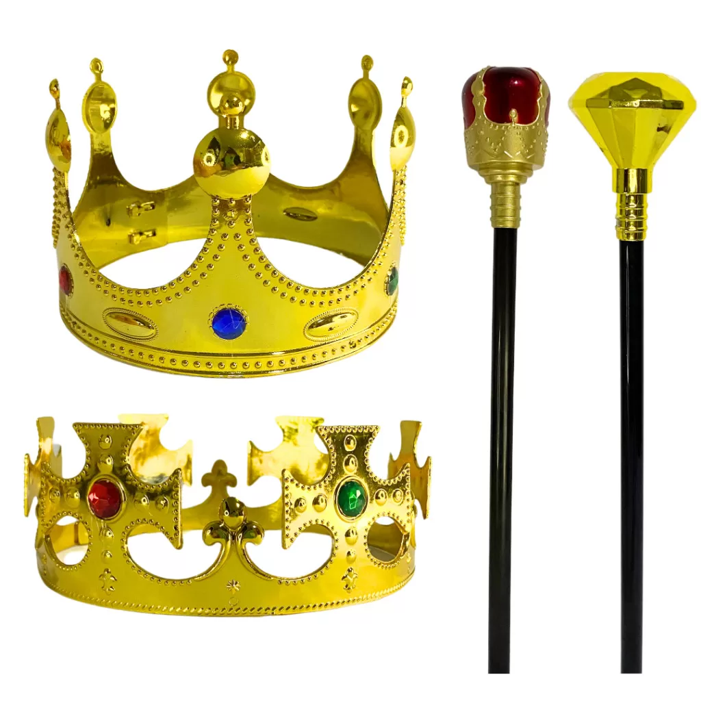 Kit Fantasia Rei e Rainha Coroa Dourada e Cetro