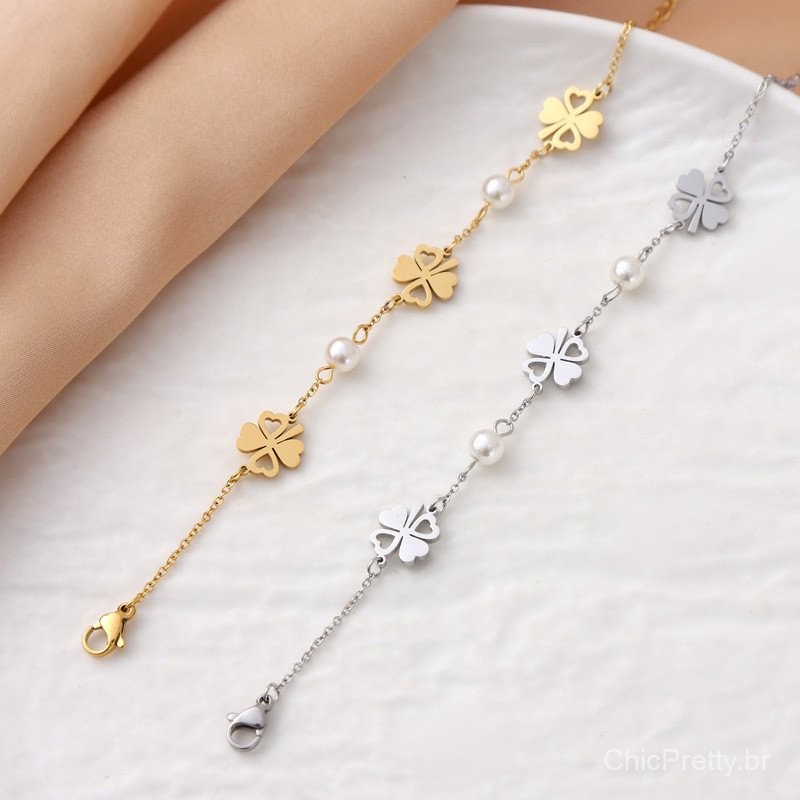 Lucky Clover imitando pérola de aço de titânio pulseira de aço para acessórios de galvanoplastia de