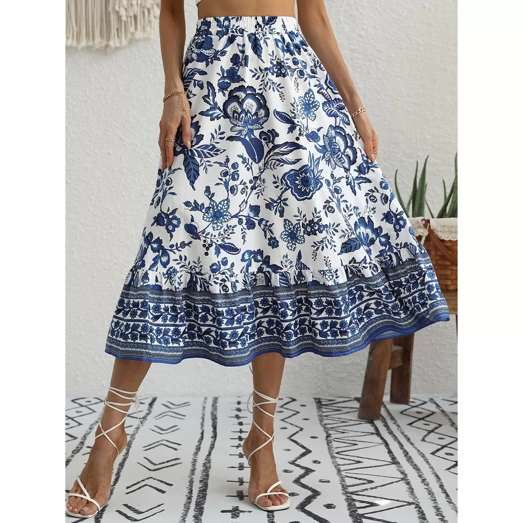 Saia Feminina com Bainha e Babado Estampa Florida Longa Confortável Fashion Respirável Para Sair