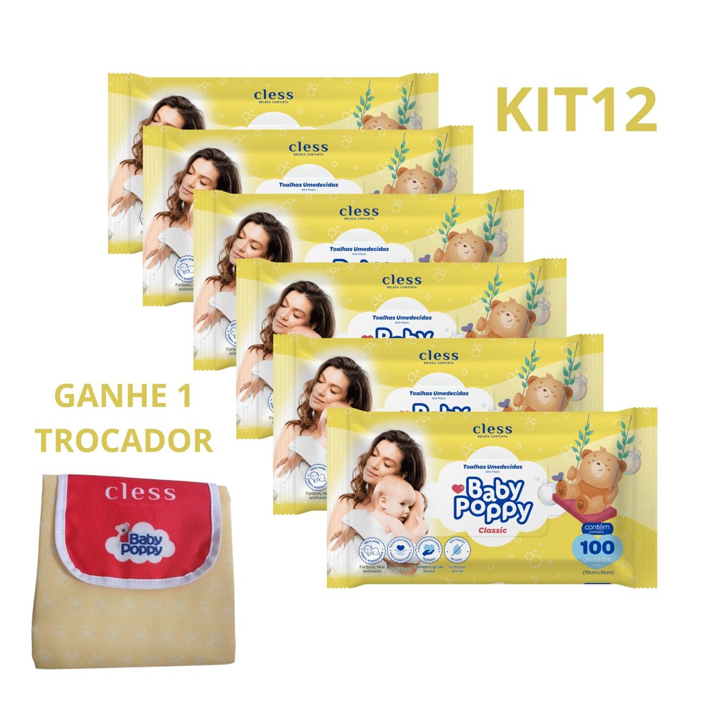 Kit C/12 Toalhas Umedecidas Baby Poppy Basic Cless C/ 100 Unidades