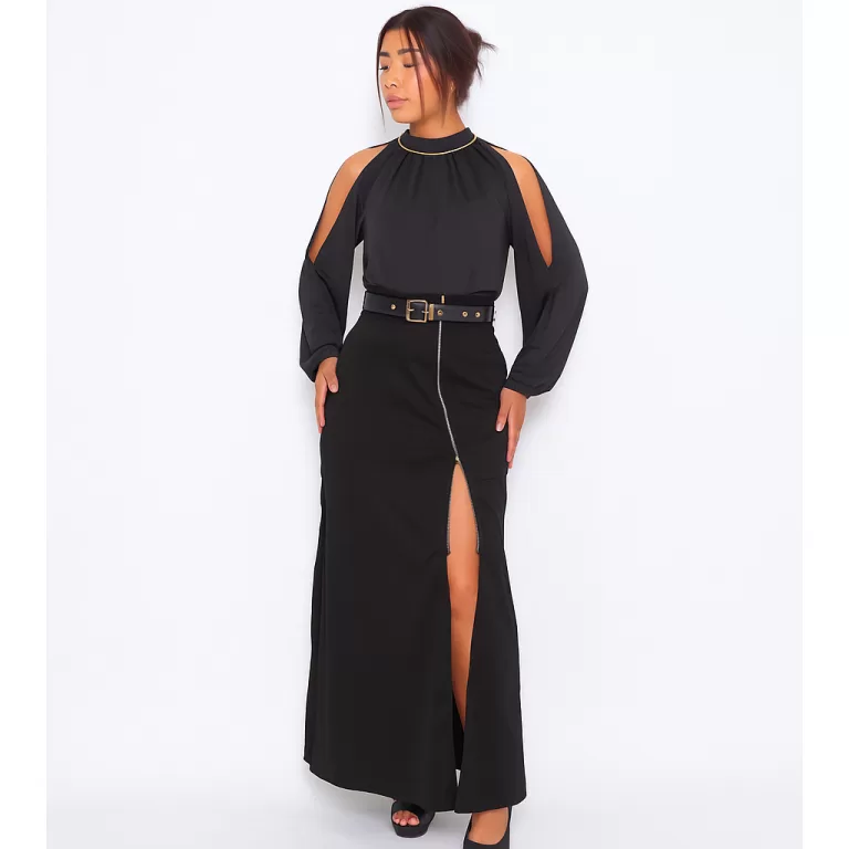 Saia Longa Alfaiataria Com Fenda Ajustável Zíper