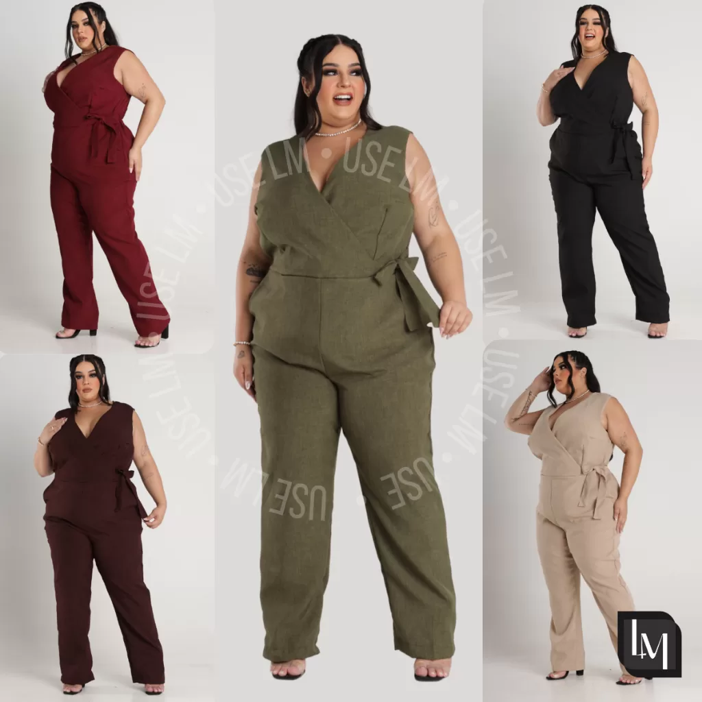 Macacão Linho Feminino Plus Size Corte Transpassado Decote V Elegante Para Festa