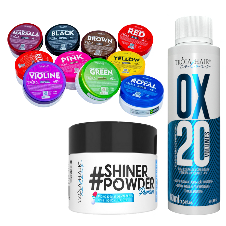 KIT DESCOLORANTE 50 g + OX 90 ml + COLORAÇÃO FANTASIA 150 g  TRÓIA HAIR