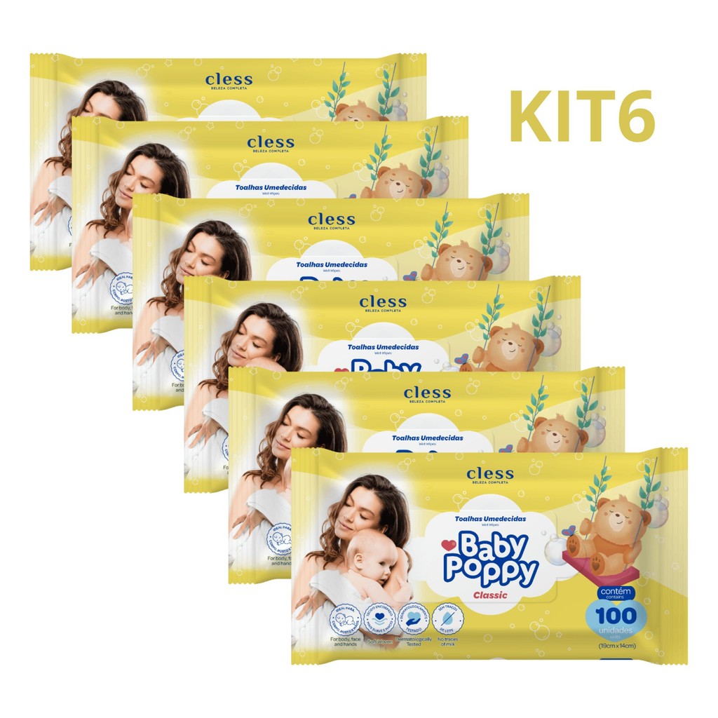Kit C/ 6 Toalhas Umedecidas Baby Poppy Basic Cless C/ 100 Unidades