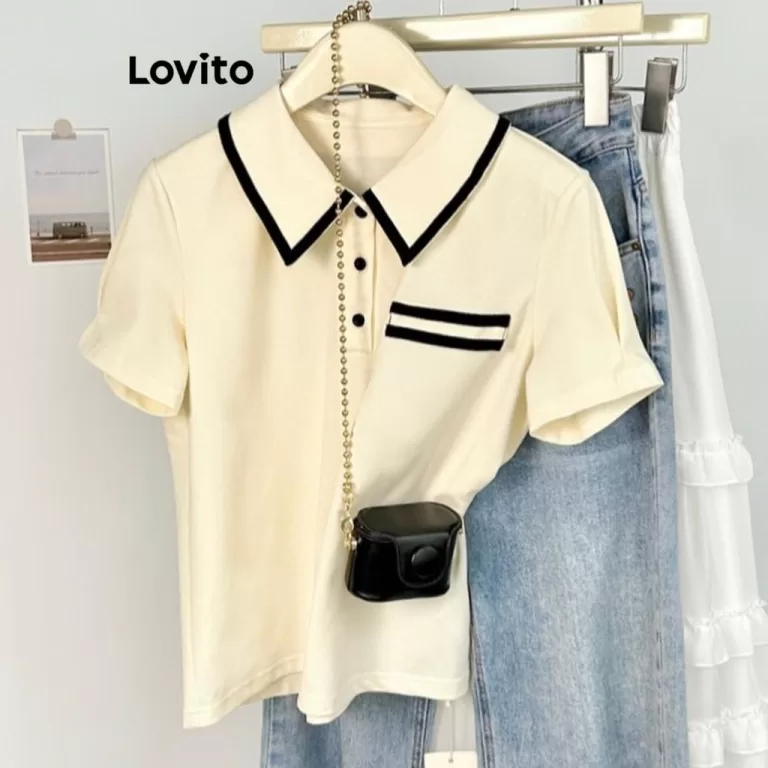 Lovito Camiseta casual com bolso falso e contraste