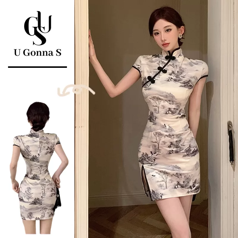 U Gonna S Dress Improved Cheongsam Modern Short Sleeve Sexy Acima Do Joelho Com Fenda Lateral Floral