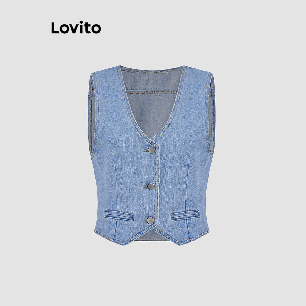 Lovito Casual Simples Botão Lavado Denim Top para Mulheres L L117ADD185
