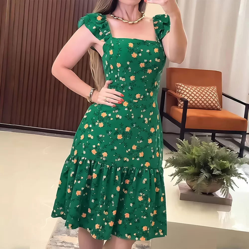 2025 Novo Vestido Francês Médio Longo Com Estampa De Flores E Pingente Fashion
