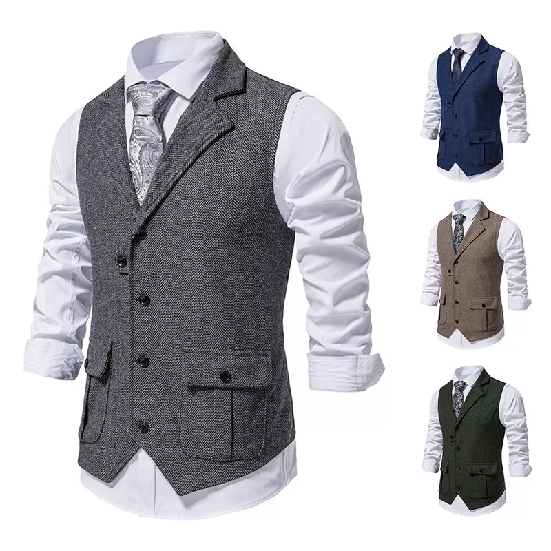 Terno Masculino Colete Tweed Retro Decote Em V 2 Bolsos 5 Botões Lã Espinha De Peixe De Negócios