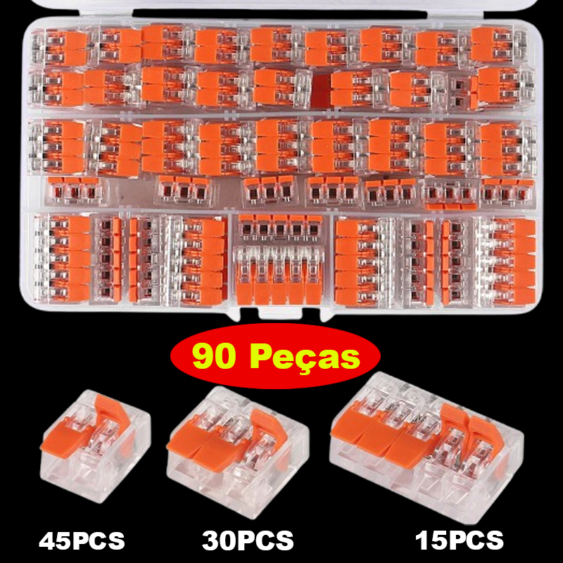 kit 90 Peças Conector Compacto Elétrico Emenda E Derivação 2, 3 e 5 vias 4mm e 6mm