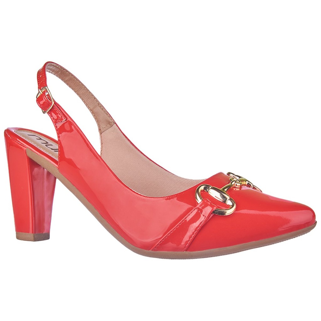 Sapato Scarpin Salto Bloco Bico Fino Verniz Enfeite Moderno