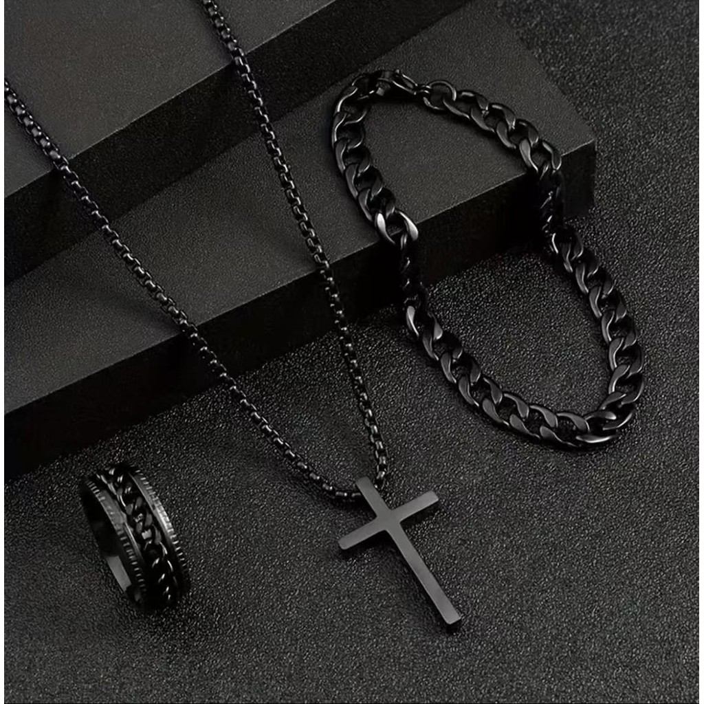 Conjunto De Pingente De Cruz Preta Estilo Punk Para Homens , Colar De Aço Inoxidável Brac elet Anel