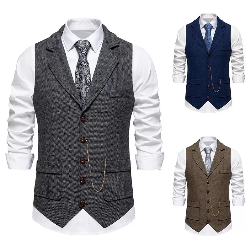 Colete Masculino De Tweed , Casual De Lã Espinha De Peixe Ocidental Para Padrinho