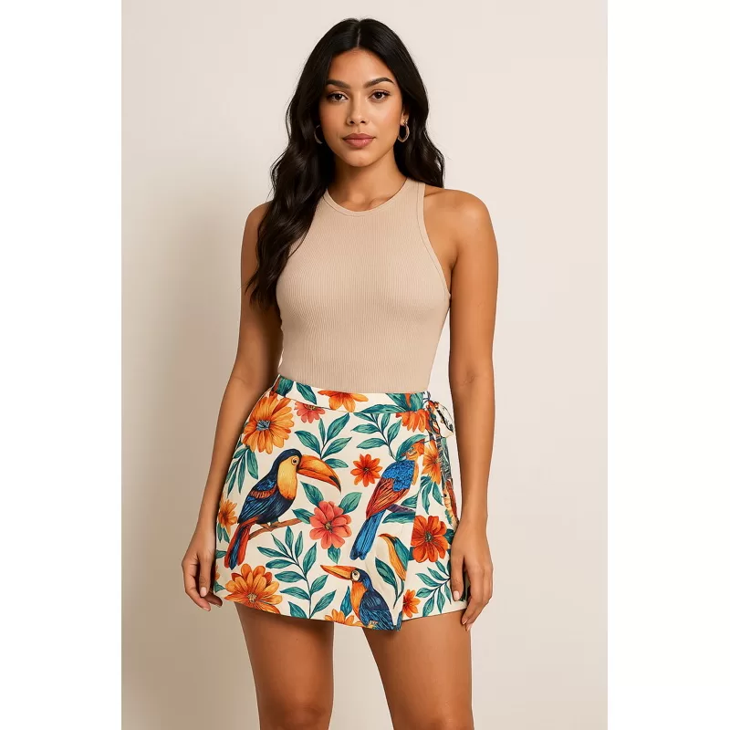 Short Saia Inspiração Estampado Feminino c/ Amarração Lateral