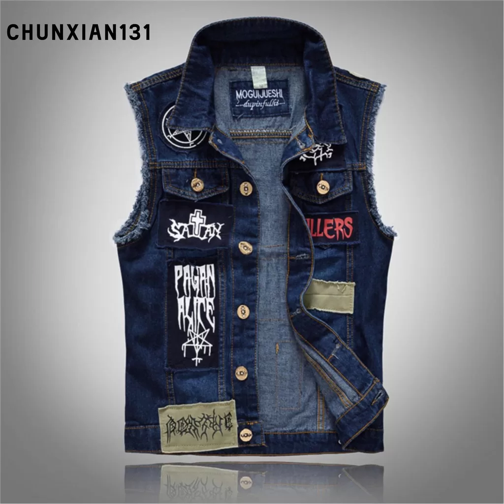 Jaquetas vintage jeans colete sem mangas modelos de remendo de moda estilo punk estilo cowboy rasgad