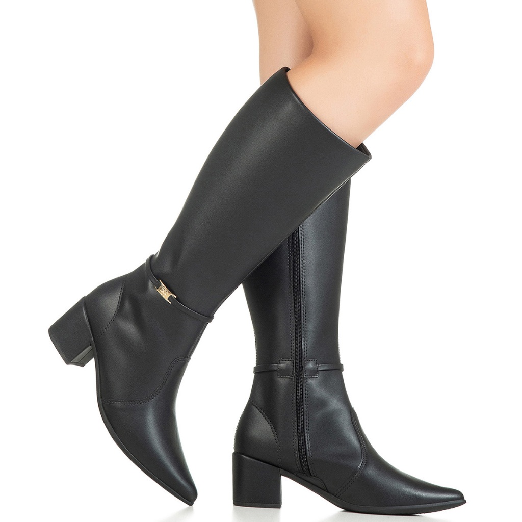 Bota Feminina GiGiL Montaria Cano Alto Bico Fino Salto Bloco Detalhe Metal Elegante Sofisticado