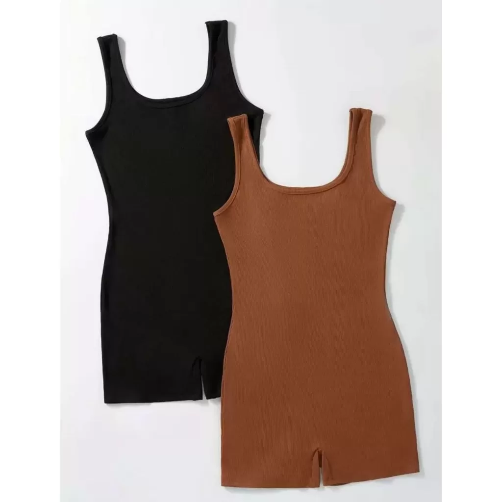 Kit 2 Macaquinhos Macacão Curto Ribana Canelado Feminino Forro Duplo