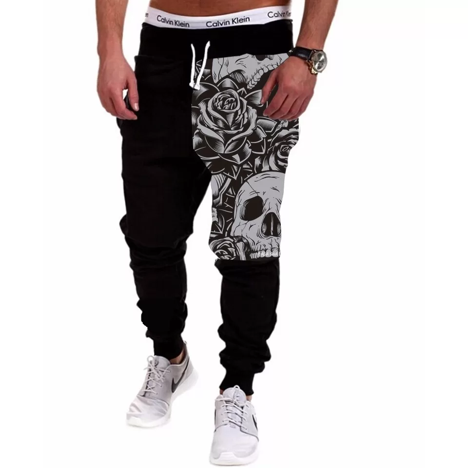 Calça Masculina de Moletom Estampado por Sublimação Caveira e Rosa PEB Desenho A163