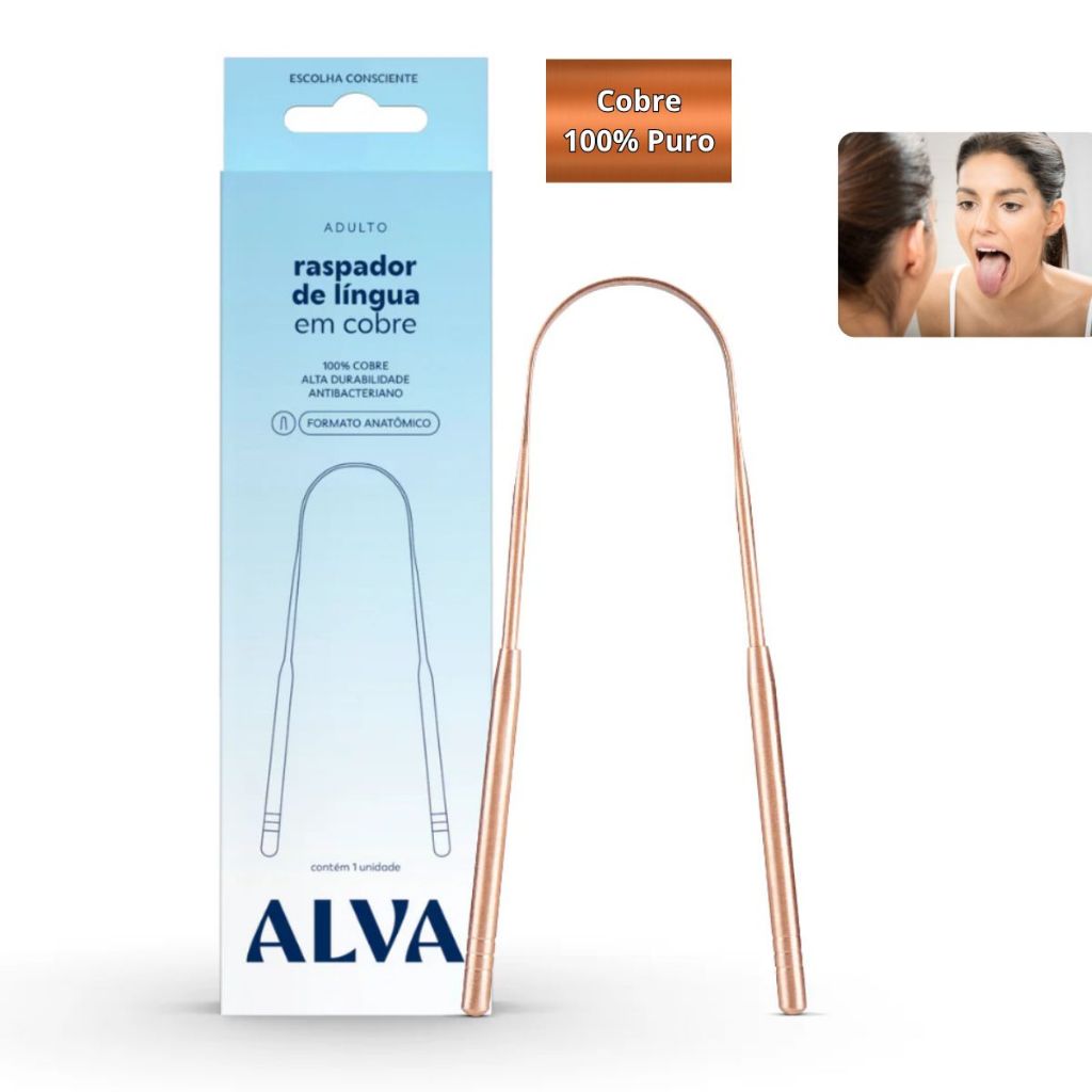 Raspador de Lingua Cobre Puro Alva Anatomico Antibacteriano
