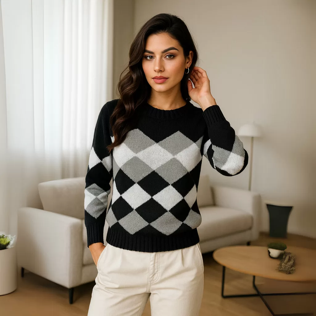 Blusa de Frio Feminina Tricot Manga Longa Detalhe Losango