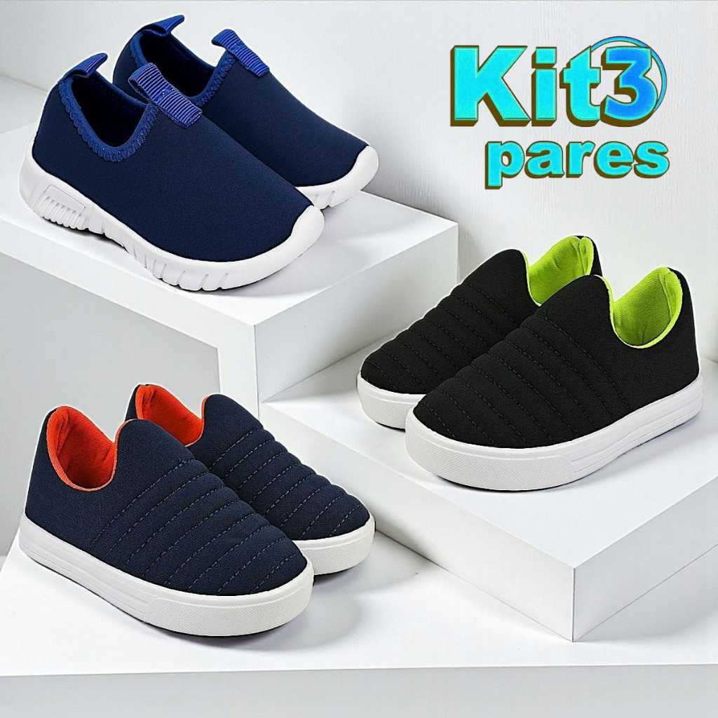 Kit 3 Pares Tênis Infantil Menino Escolar Calce Fácil Leve e Confortável