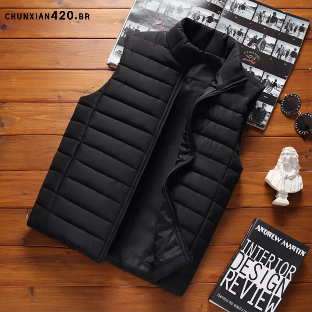 CGM-Sem Mangas Gola Masculina Colete Fino Ajuste Engrossar Quente Zíper Fechamento De Inverno