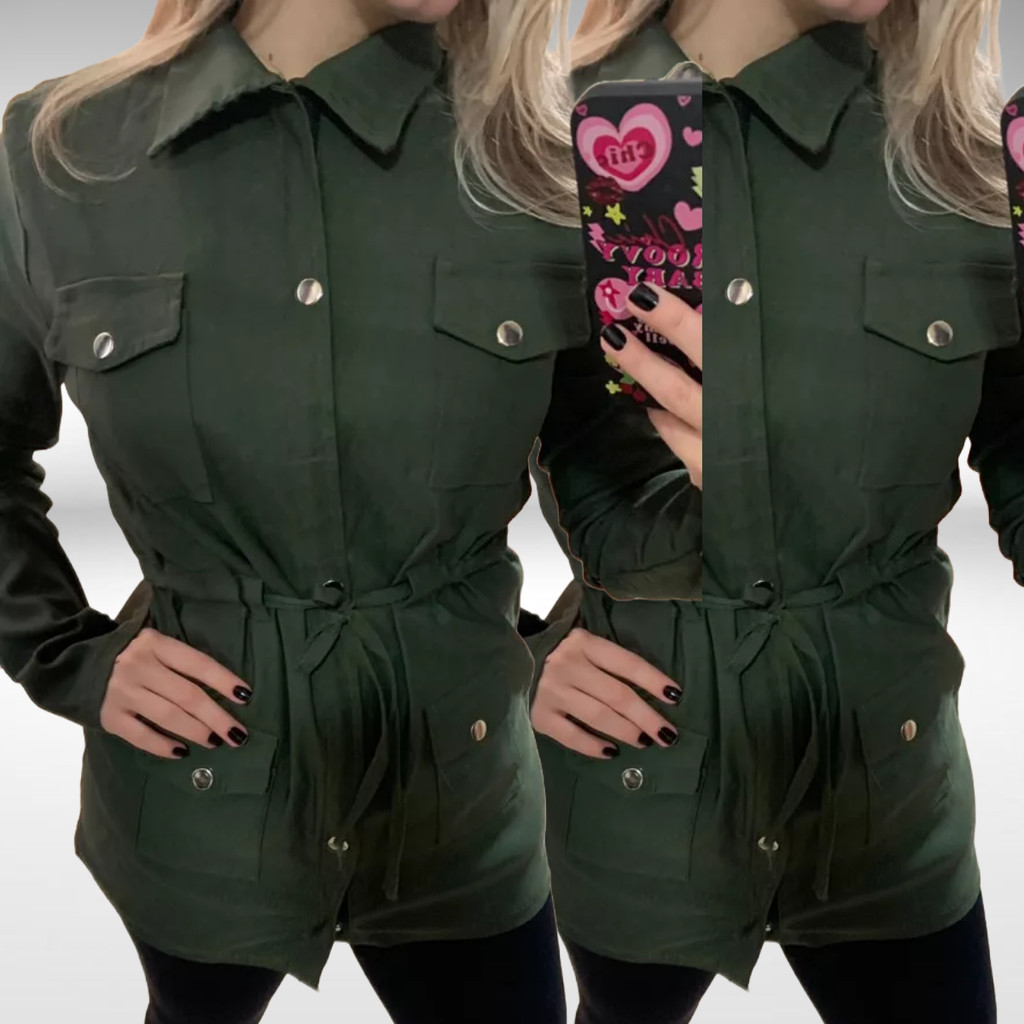 Parka Feminina Bengaline com Zíper e Cadarço  Estilo Blogueira Elegante