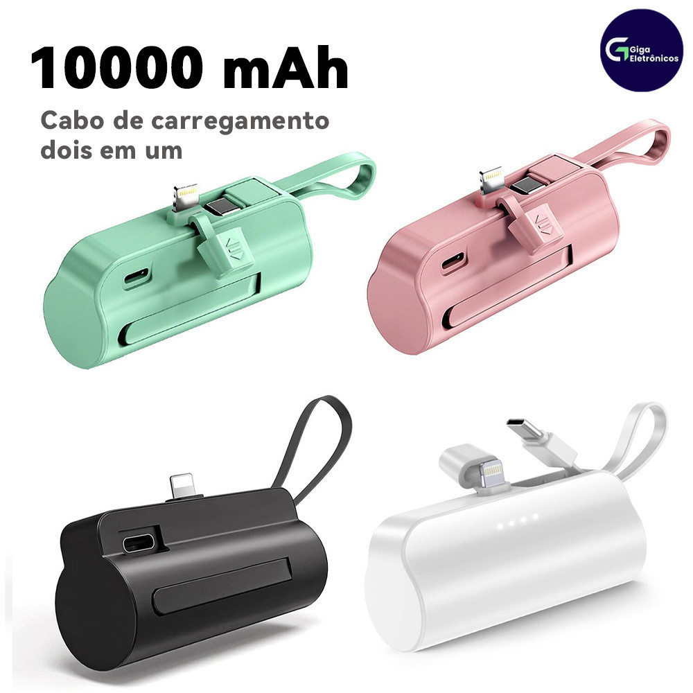 Recarga Rápida Sem Fio: Mini Power Bank 10000mAh 2em1 com Entradas iPhone e USB-C