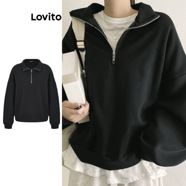 Lovito Moletom Casual Com Zíper Liso Para Mulhere