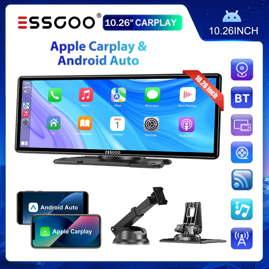 ESSGOO CarPlay Android Auto Car Radio Multimídia 10.26 Polegada Touch Screen HD Leitor De Vídeo Port