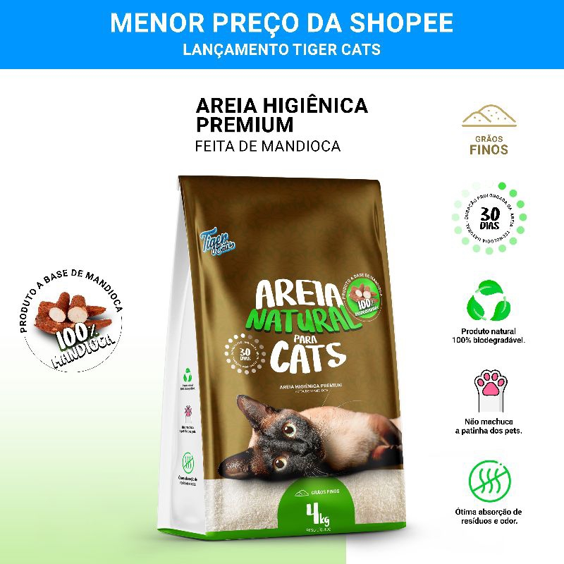 Areia Higiênica Natural Biodegradável Mandioca Para Gatos Tiger Cats 4kg