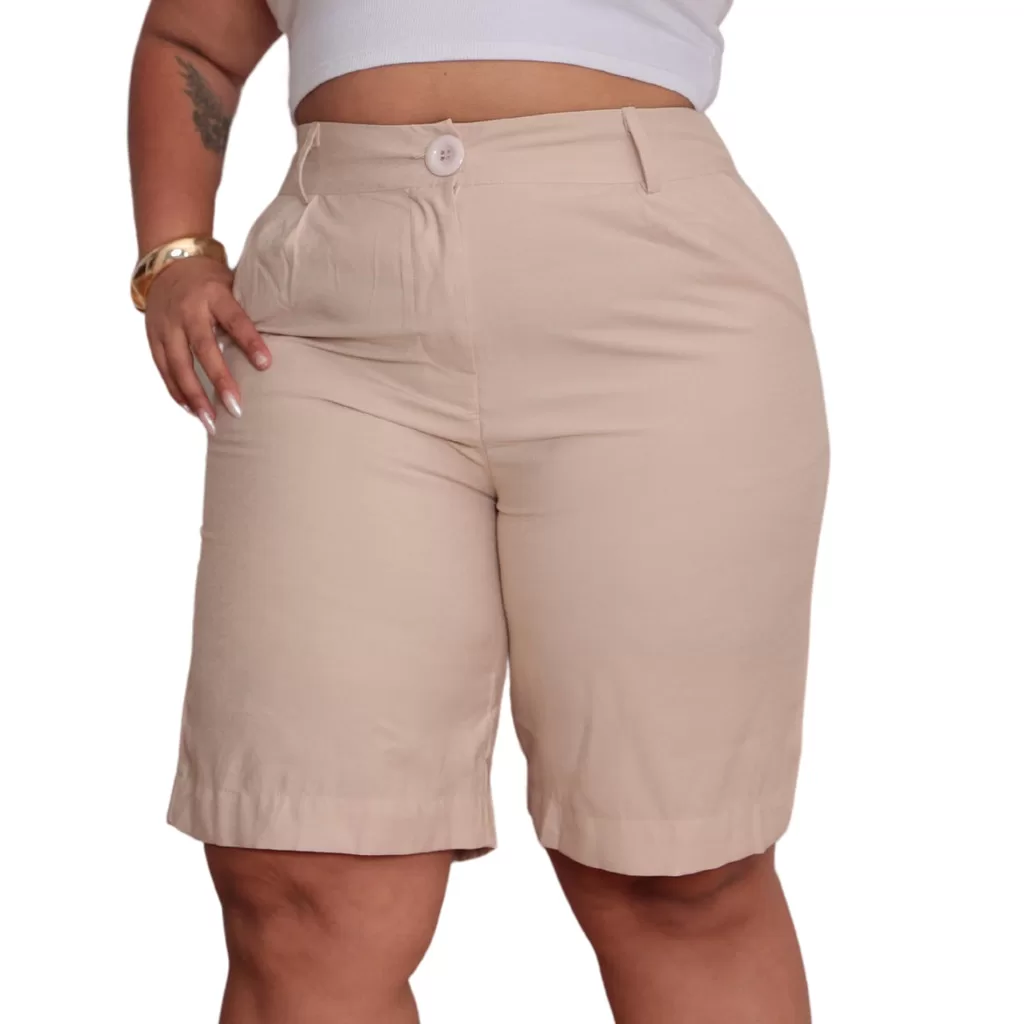 Shorts Bermuda Feminina Social Plus Size Alfaiataria Sensorial Bolsos Laterais Cintura Alta