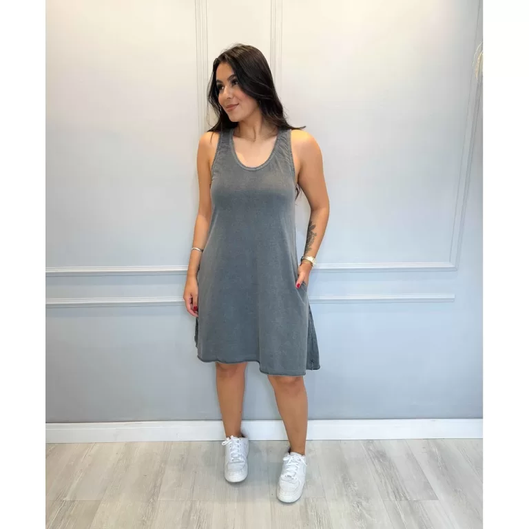 Vestido Regata Curto Estonado com Bolso Malha 100%