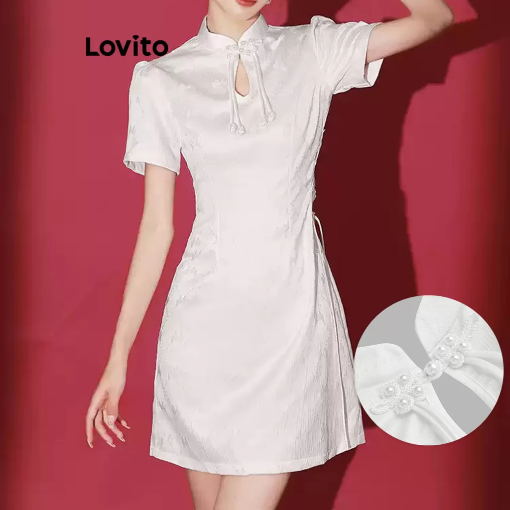 Lovito Elegante botão simples novo vestido estilo chinês para mulheres L110AD515