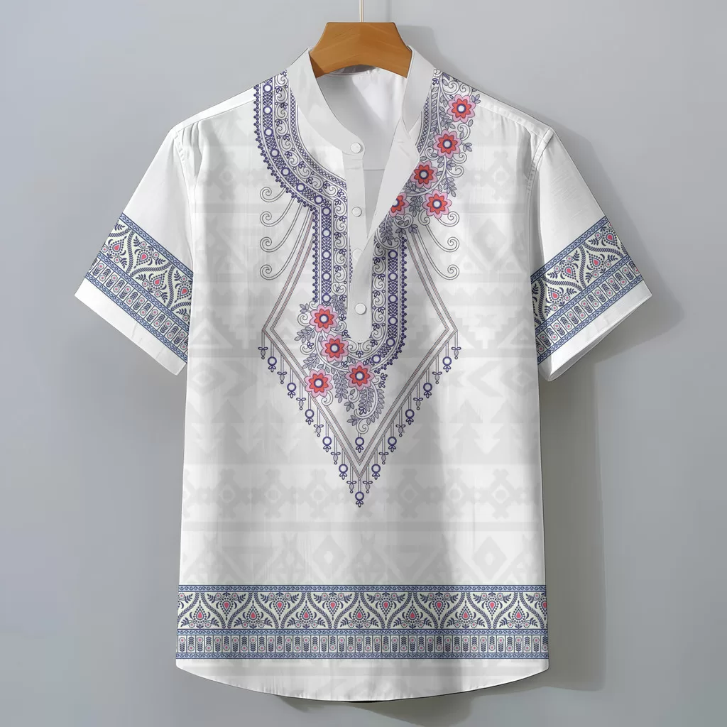 Dashiki 2025 Ano Novo Estilo Étnico Barong Camisa Masculina Gola Alta Manga Curta Top 3D Estampa Flo