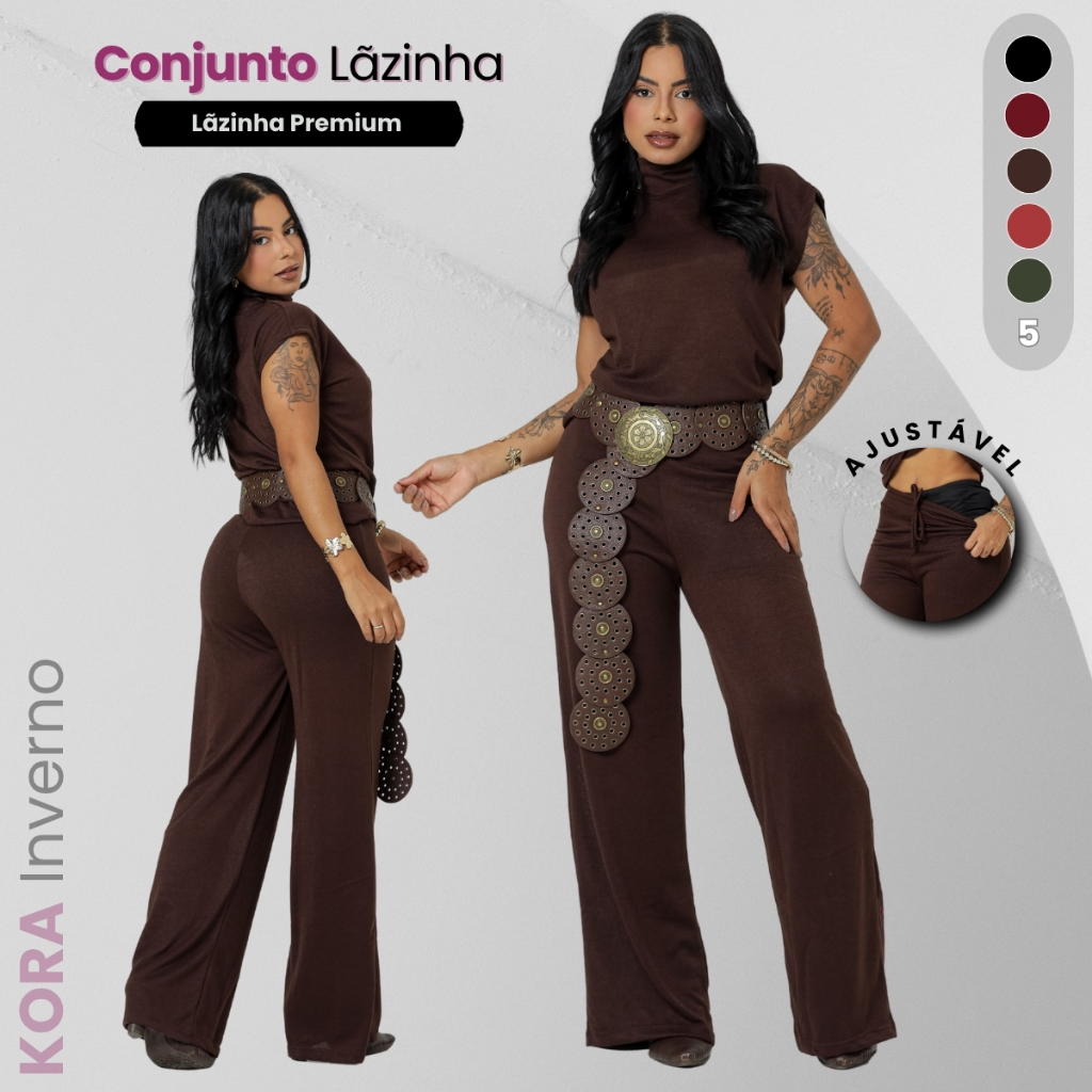 Conjunto Lãzinha Feminino Blusa Gola Alta Manga Curta Acompanha Shorts Forro M ao GG