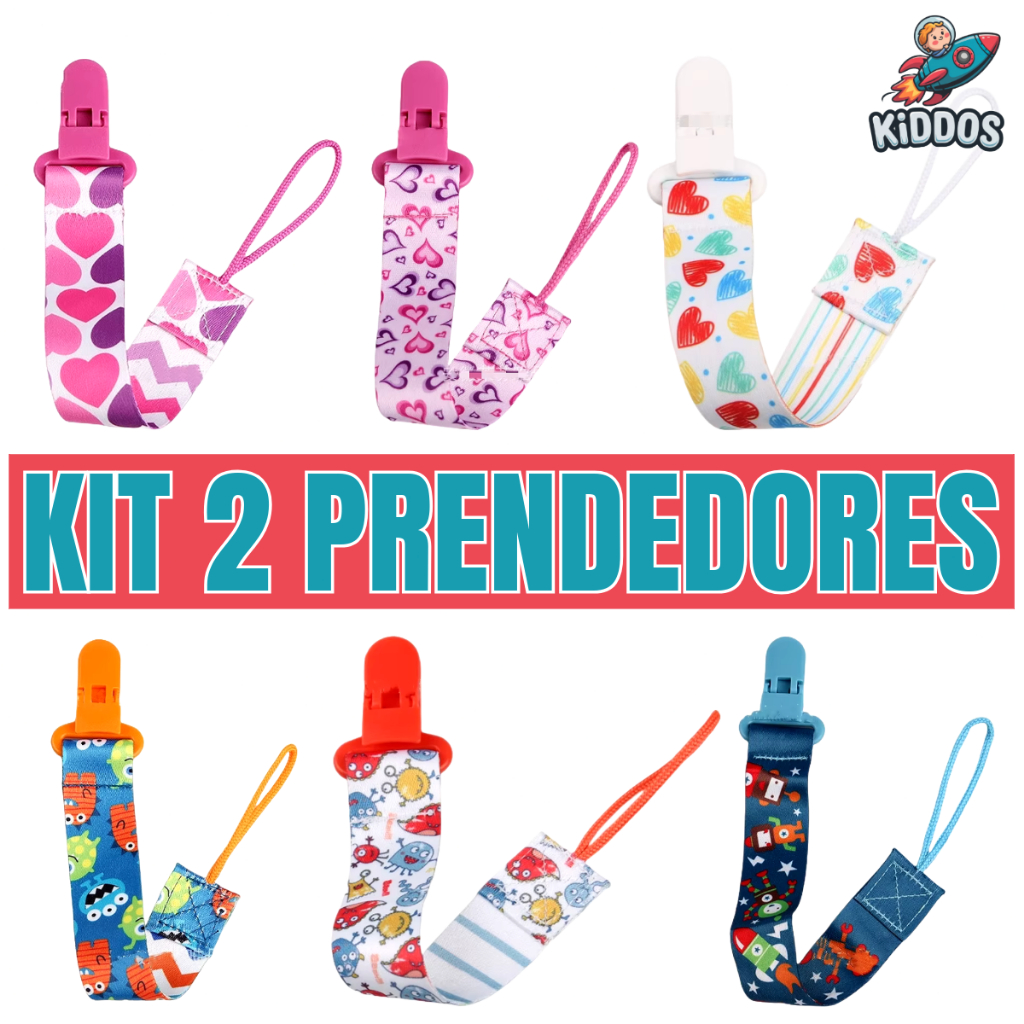 Kit 2 Prendedores de Chupeta Bebê Estampas Menino Menina Modelo em Fita Clipe Seguro Prende Fácil