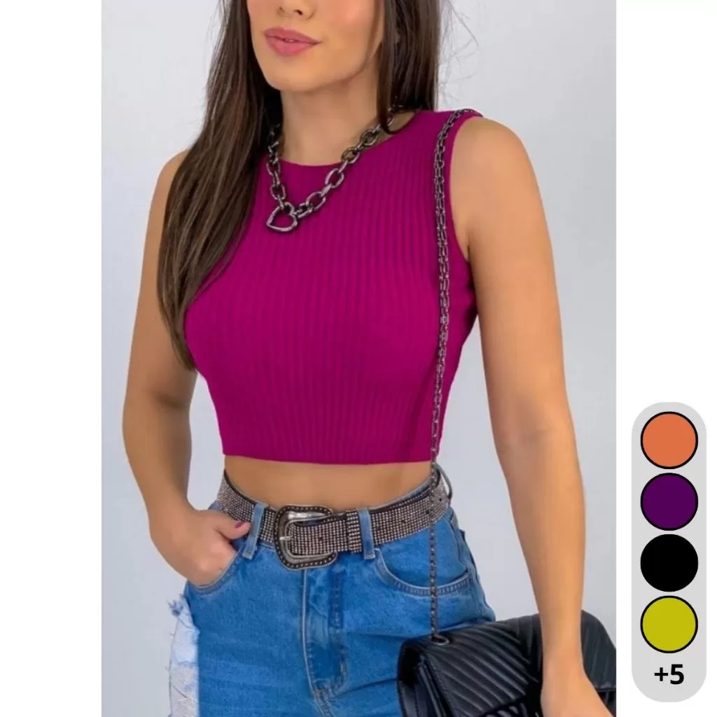 Cropped Tricot Modal Canelado Gola Redonda Regata Feminina Sem Mangas Confortável Versátil Básico