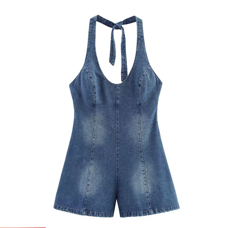 Europeu americano feminino novo estilo 2025 moda sem mangas gola Halter macacão jeans4365084