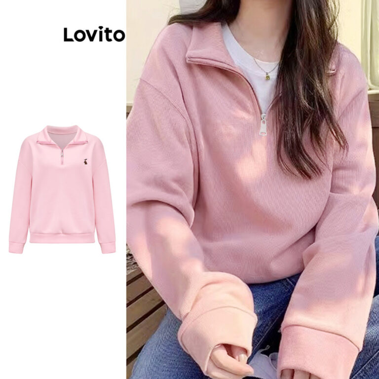 Lovito Casual Plain Bordado Zipper Sweatshirt para