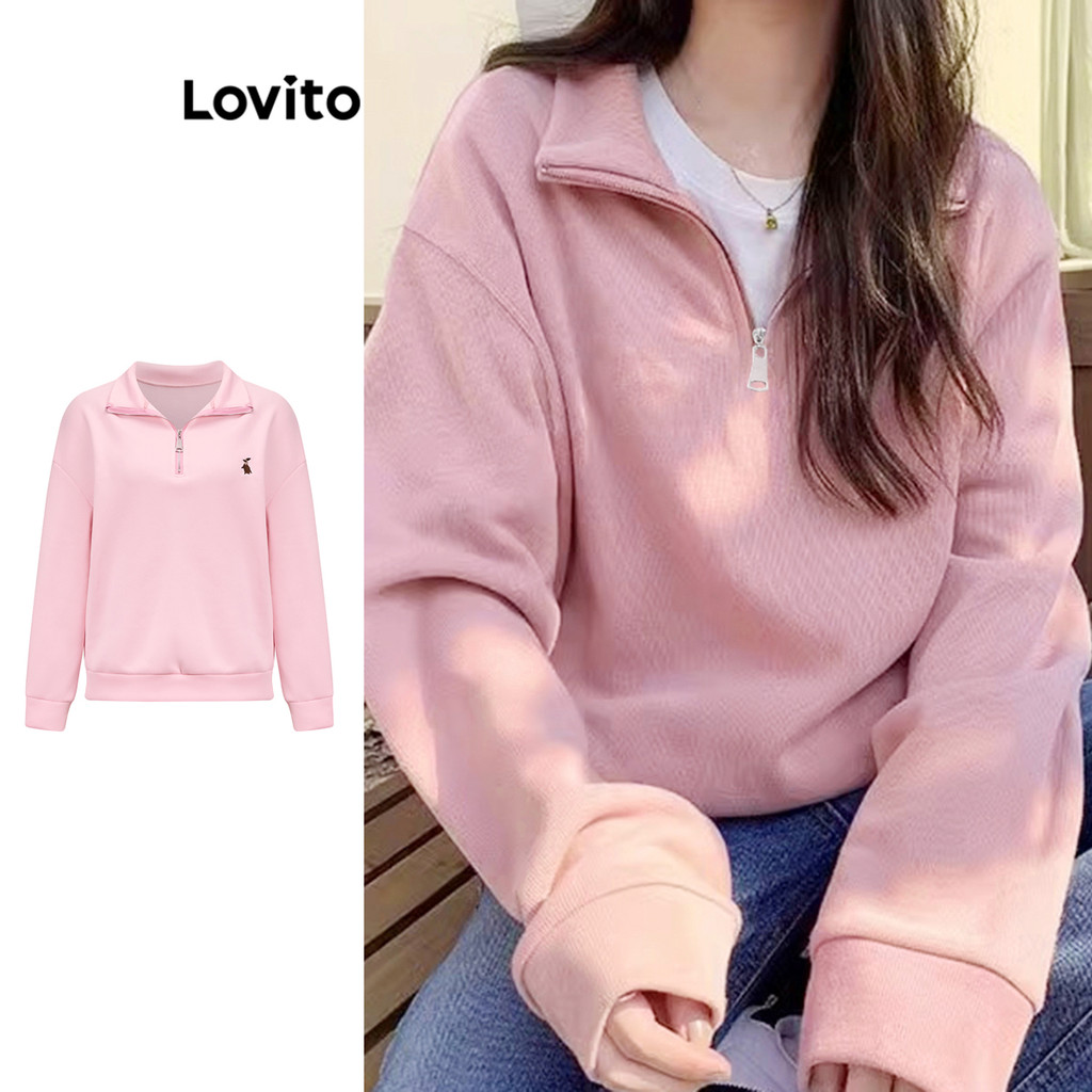 Lovito Casual Plain Bordado Zipper Sweatshirt para Mulheres L110AD505