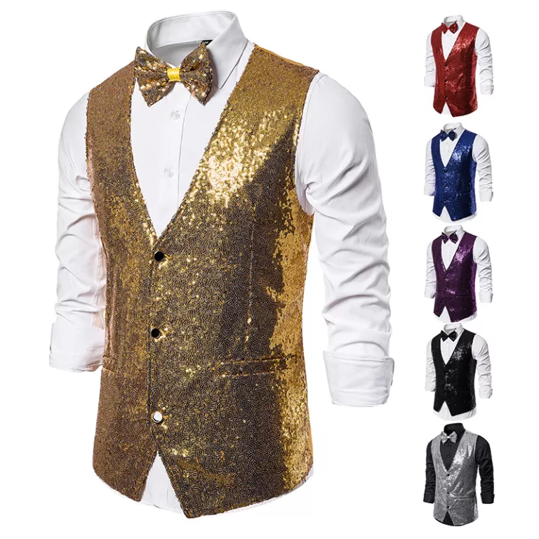 Masculino Lantejoulas Douradas Embelezado Terno Co